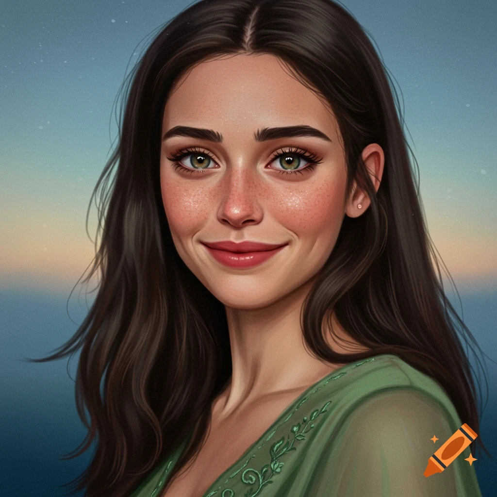 A realistic portrait of a young woman with long dark hair, green eyes, and freckles, smiling slightly against a soft sky background.