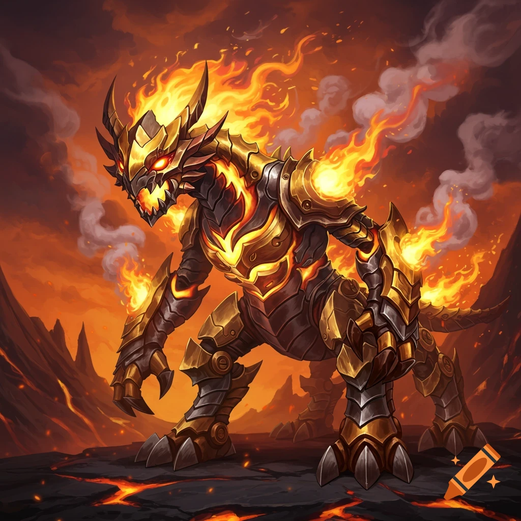 A mechanical fire dragon creature stands in a volcanic landscape with fire emanating from its body and horns.