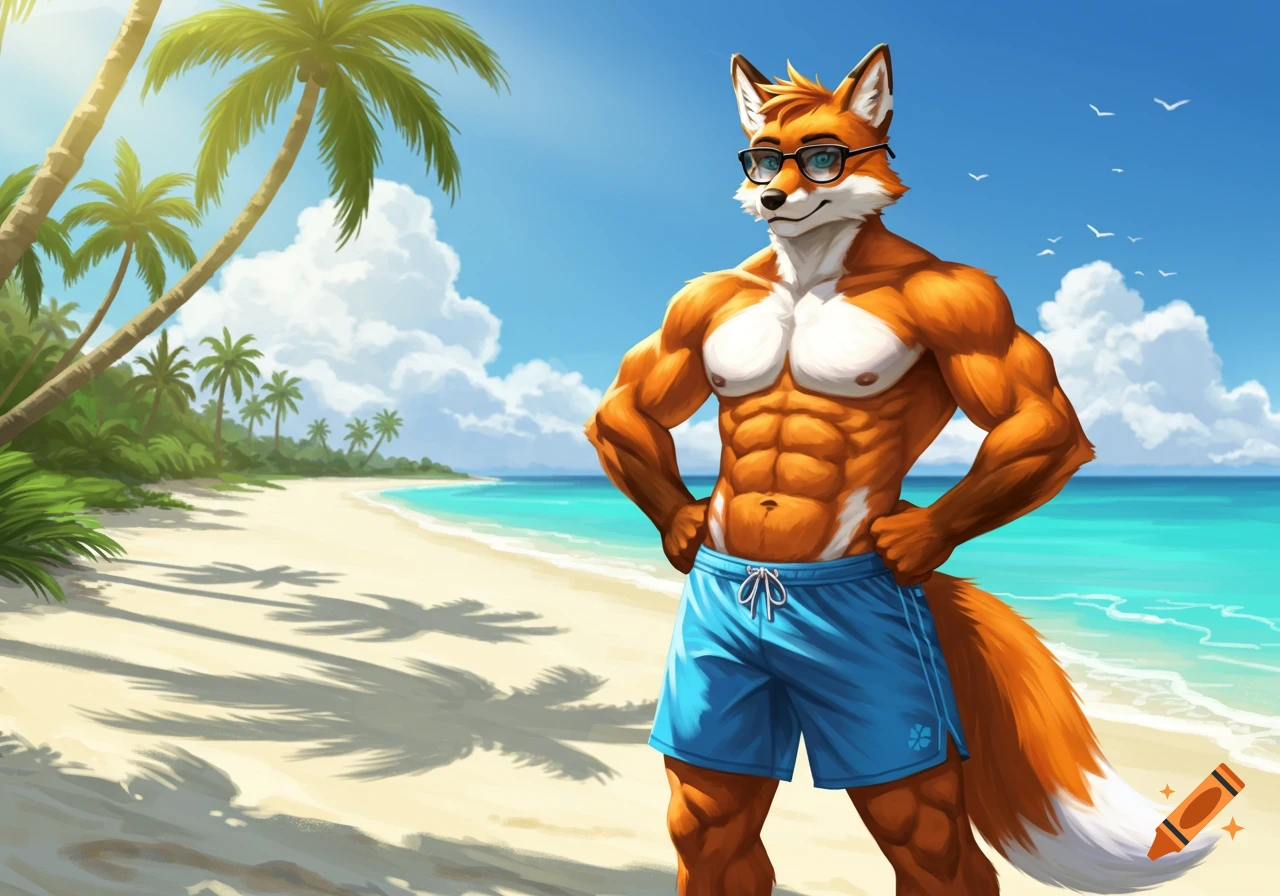 Muscular anthro orange fox in blue swim trunks and sunglasses standing on a sunny tropical beach with palm trees.
