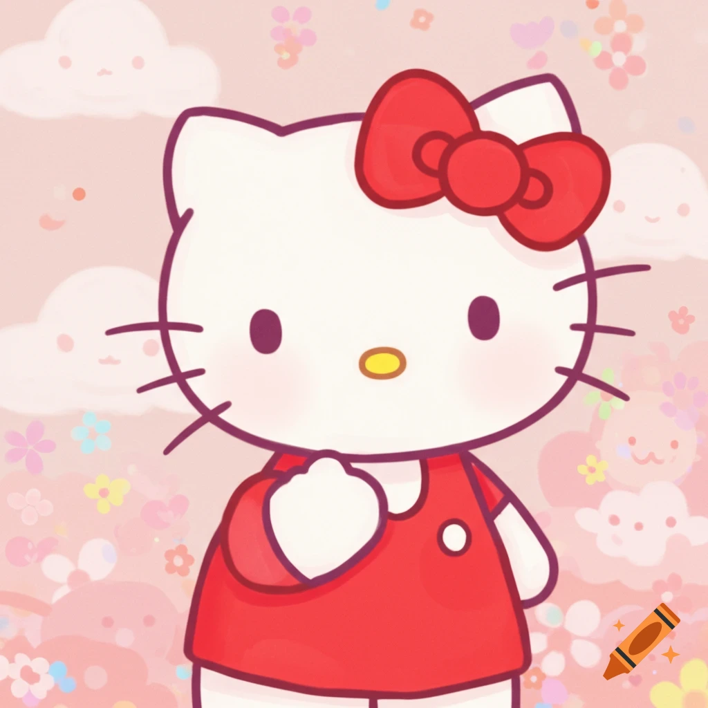 Hello Kitty in a red dress and bow on a pink background with clouds and flowers.