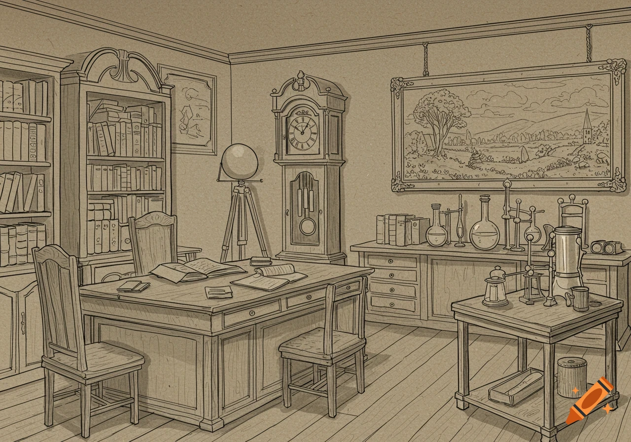Line art illustration of an old academic study with a desk, bookcase, grandfather clock, and alchemical instruments.