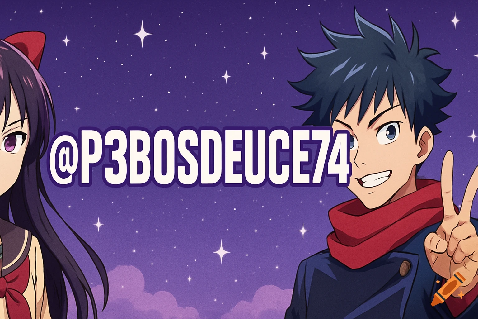 A purple anime-style banner featuring two characters and a starry sky, with the large white text "@P3BOSDEUCE74" across the middle.
