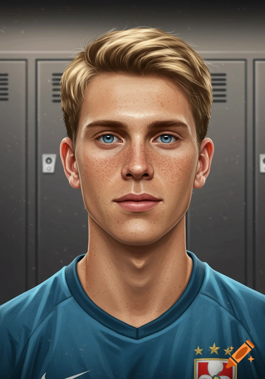 Portrait of a young man with freckles and blue eyes in a locker room, digital art.