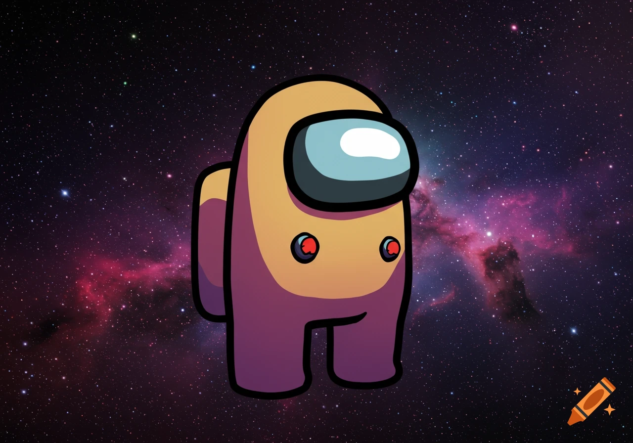 An orange Among Us character stands in front of a colorful galaxy background.
