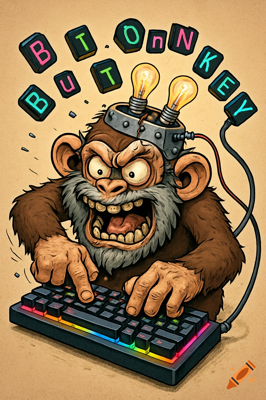 Cartoon monkey with light bulbs on its head bangs on a rainbow-lit gaming keyboard, sending black keycaps with neon lettering flying.