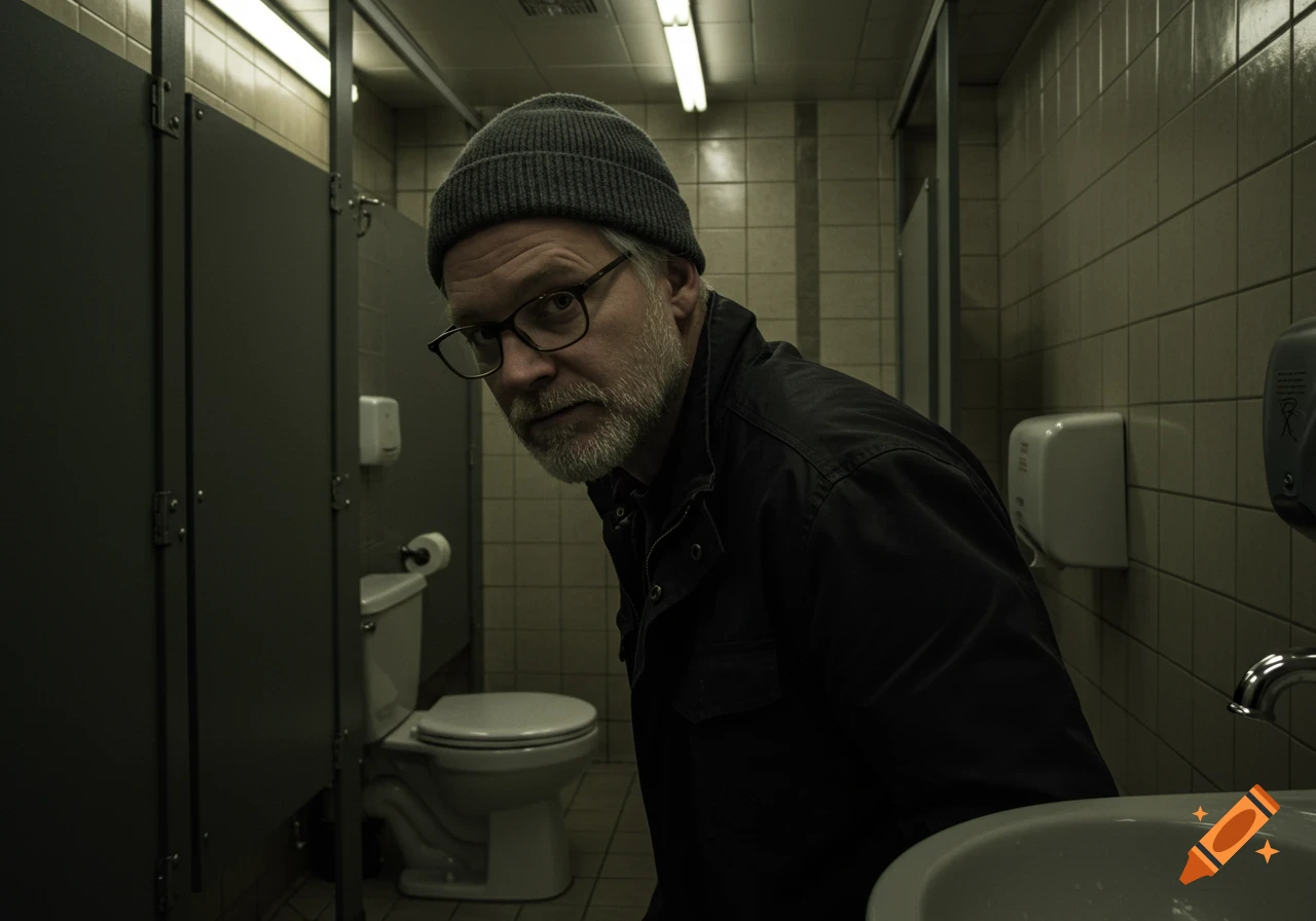 A man with a beanie and glasses looks sideways in a dimly lit public bathroom stall. A toilet is visible.