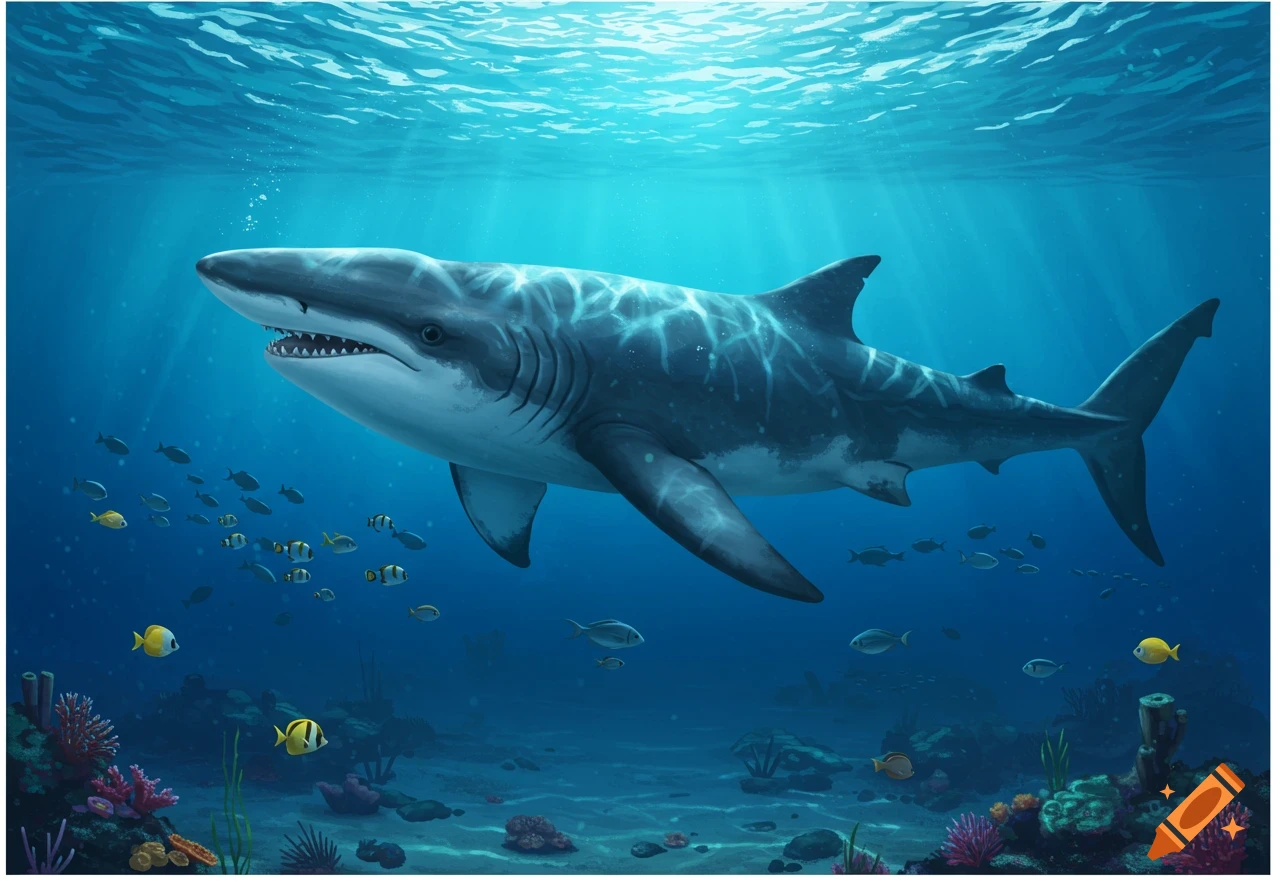 A great white shark swims in blue ocean water with small fish and coral below.