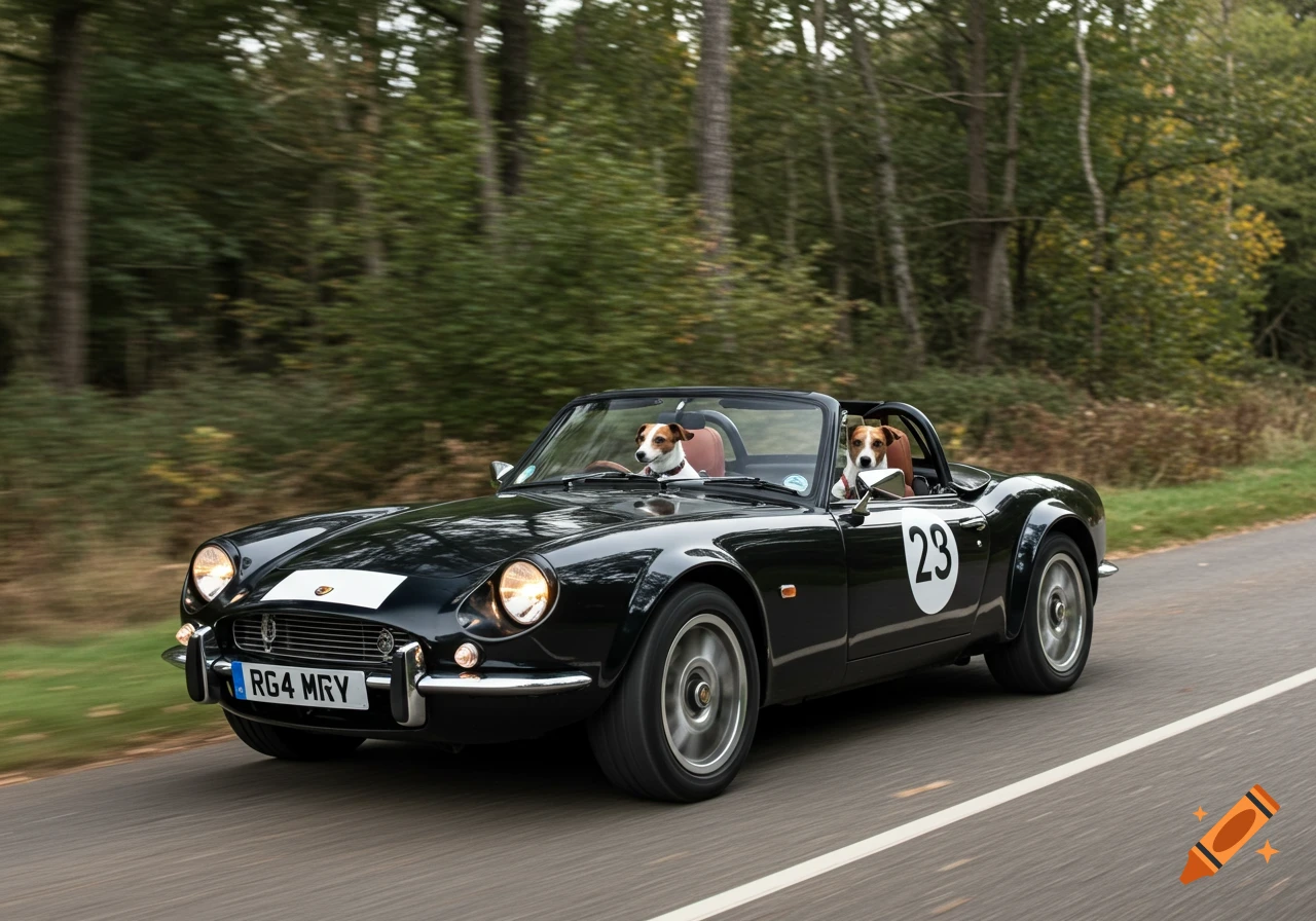 Two Jack Russell dogs in a black convertible sports car driving on a road.