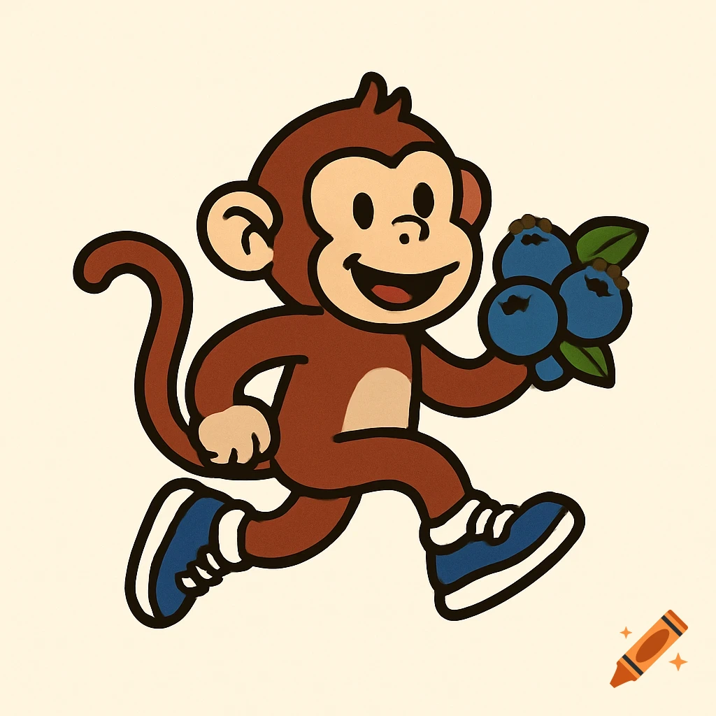 Cartoon monkey wearing running shoes holds blueberries