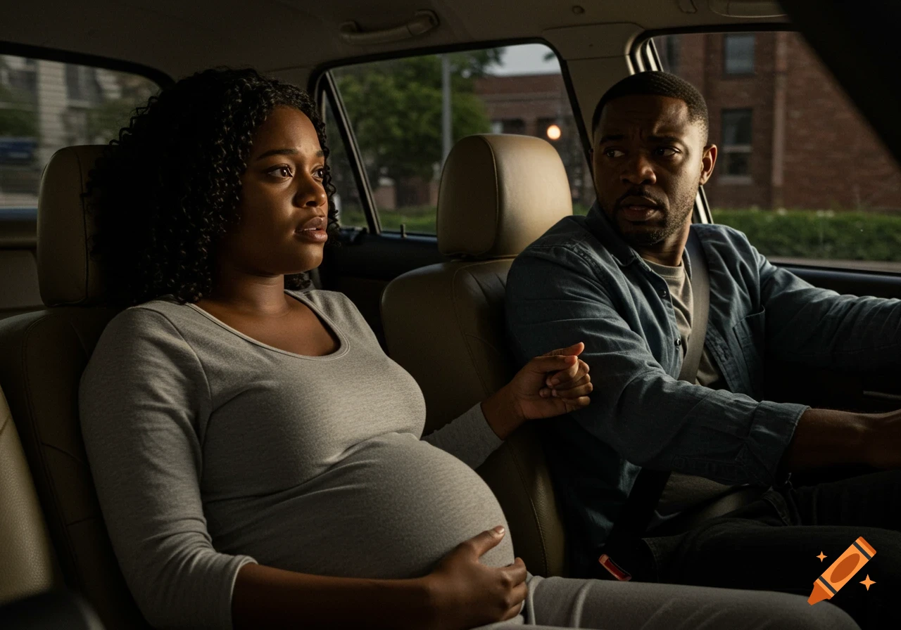 A pregnant woman and a man hold hands in a car, looking concerned. Dramatic lighting.