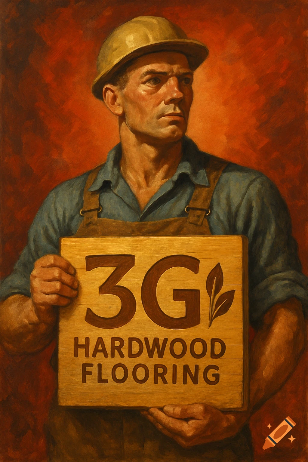 Painting of a worker in a hard hat holding a sign for '3G HARDWOOD FLOORING'.