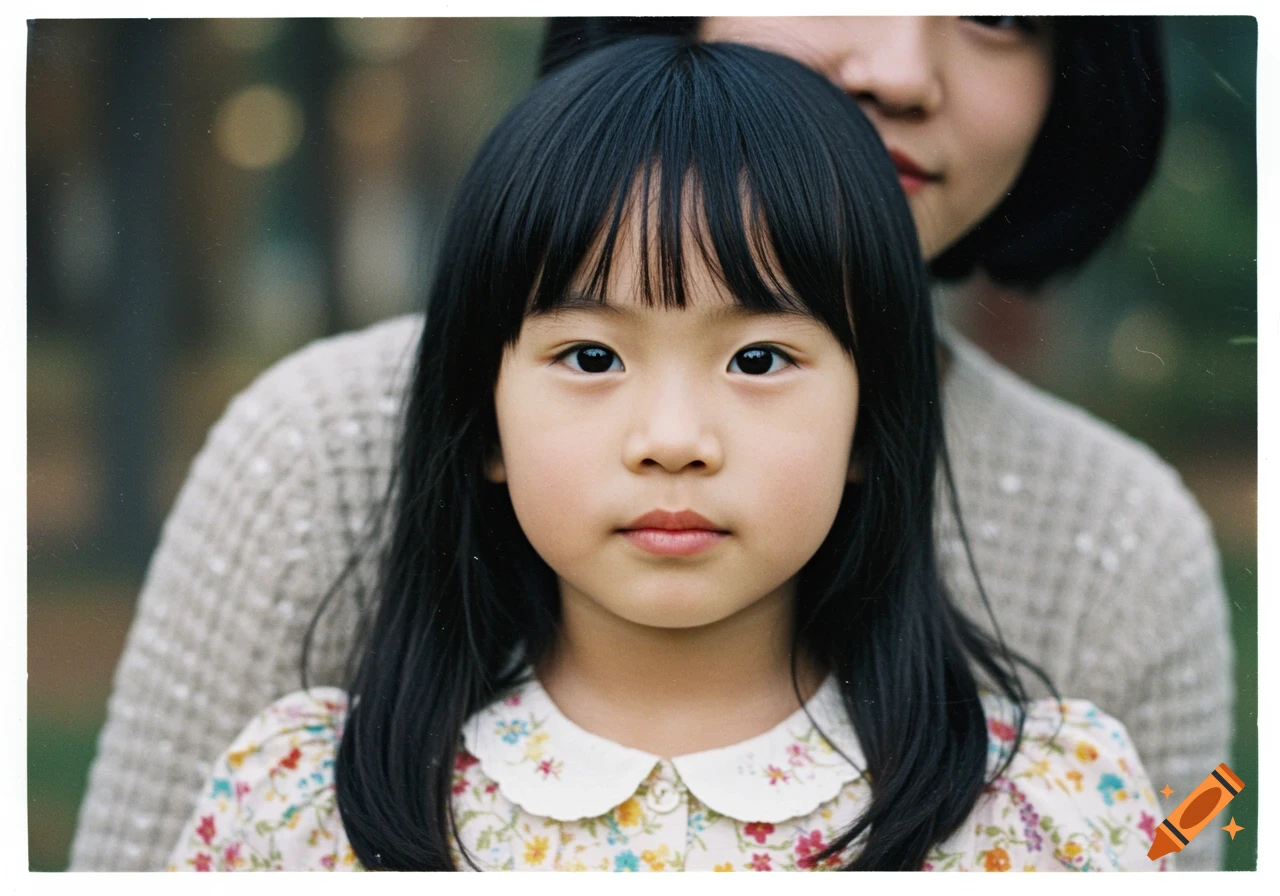 Close-up portrait of a young Asian girl with bangs and a floral dress, with an adult behind her, in a vintage film photo style.