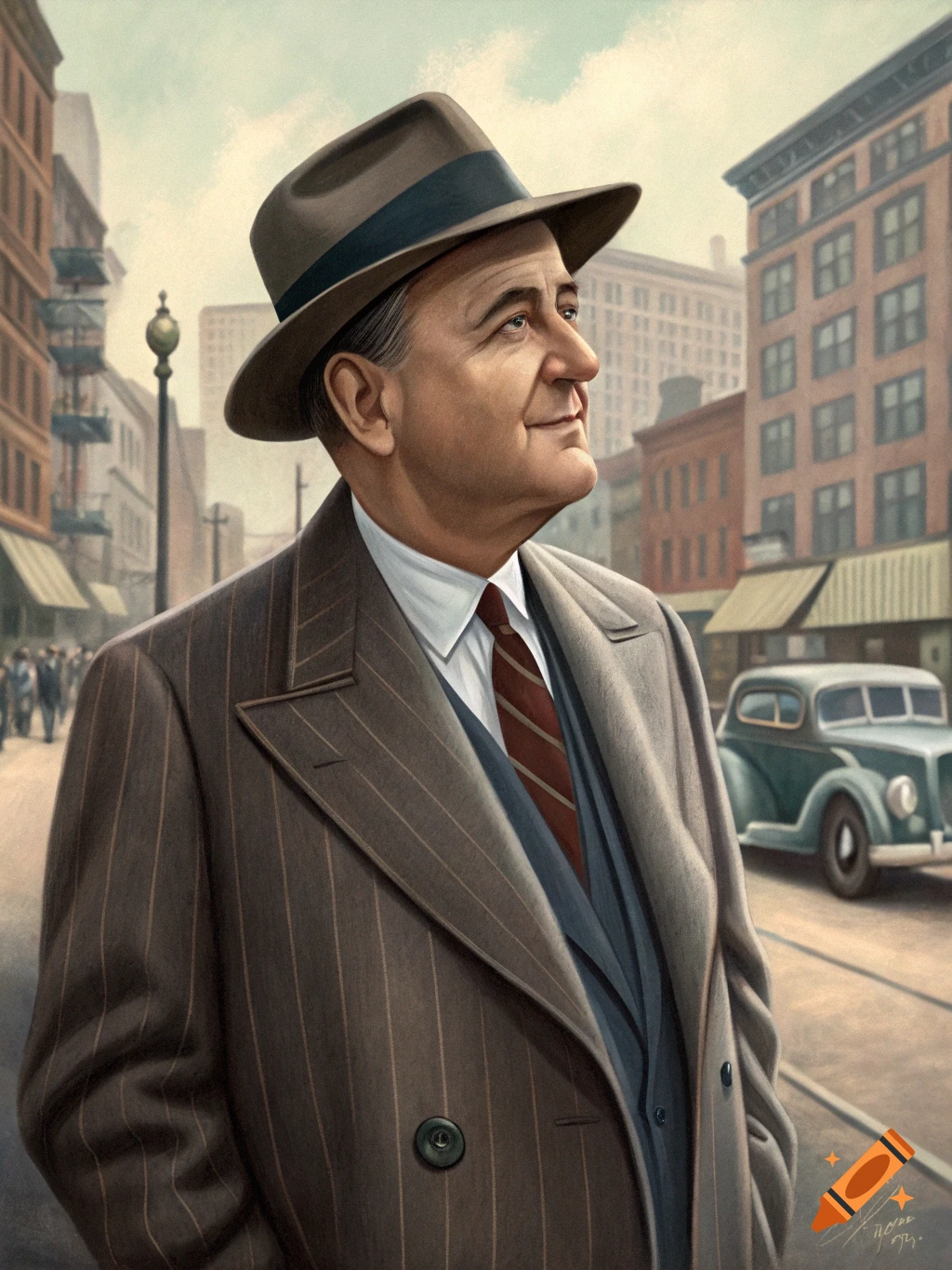 Portrait of a man in a pinstripe suit and fedora on a vintage city street.