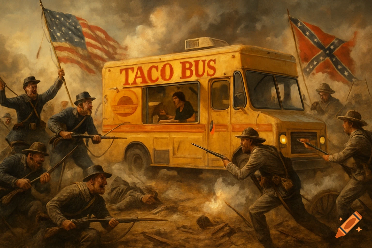 Painting of Civil War soldiers battling around a yellow taco bus