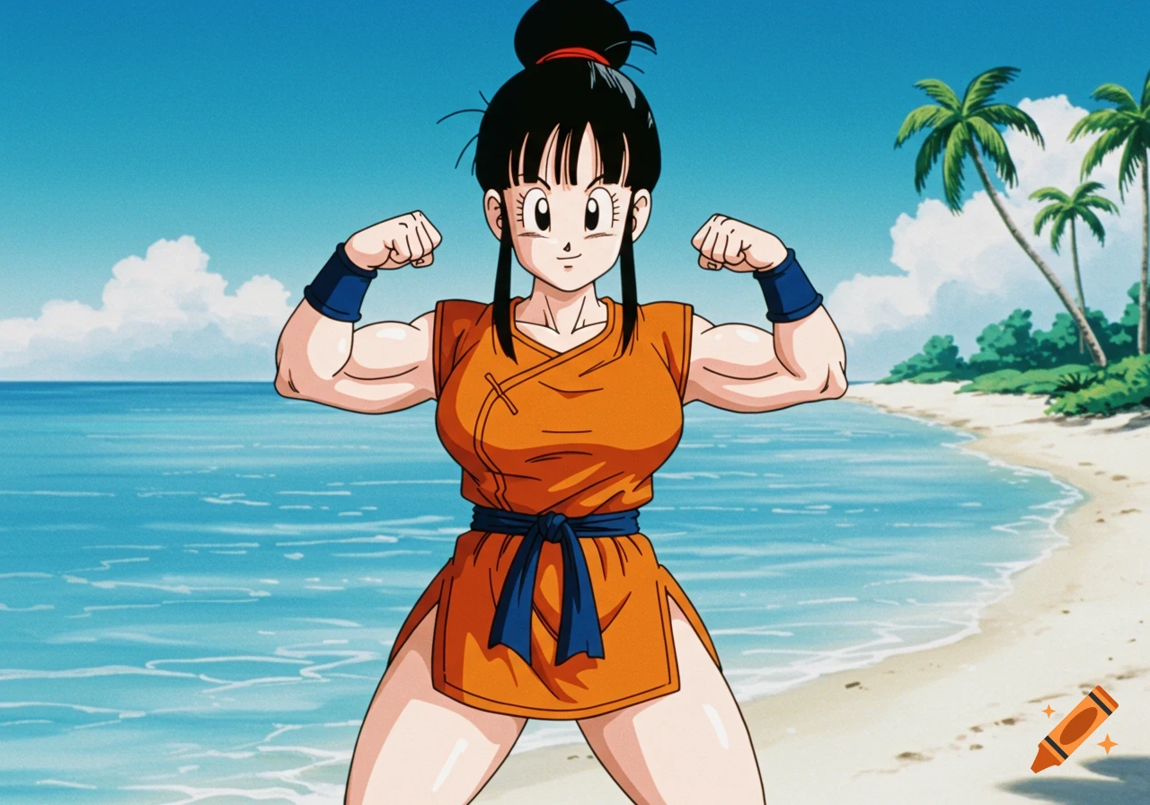 Chi Chi from Dragon Ball Z flexing on the beach in anime style.