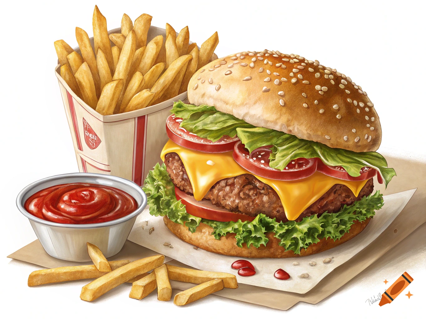 An illustration of a cheeseburger, a container of fries, and a bowl of ketchup.
