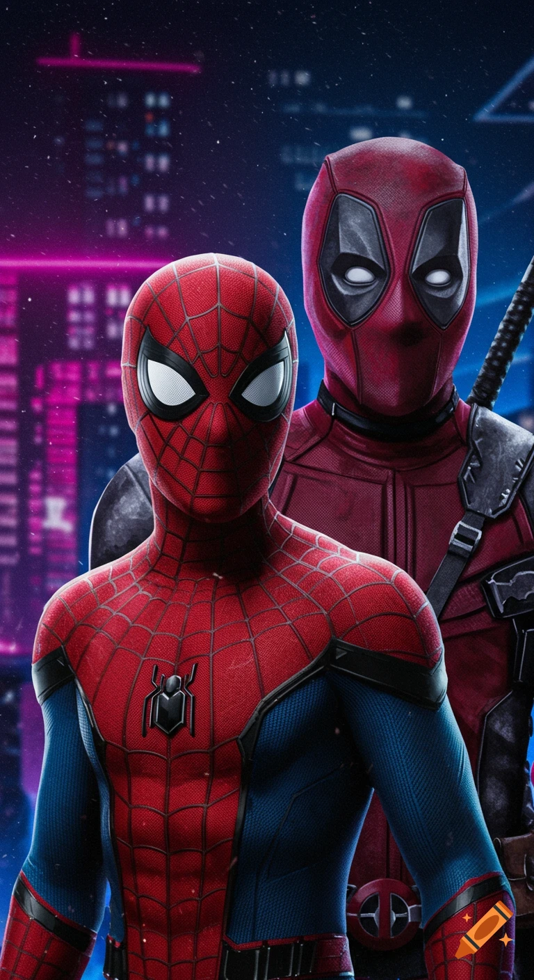 Spider-Man and Deadpool standing together in front of a dark city background with neon lights.