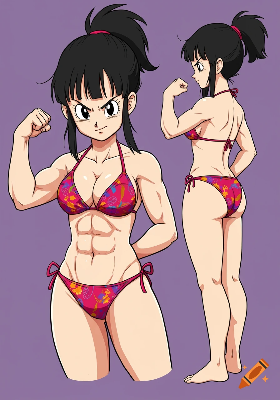 Anime drawing of Dragon Ball Z character Chi-Chi flexing in a bikini with visible abs, shown from front and back.