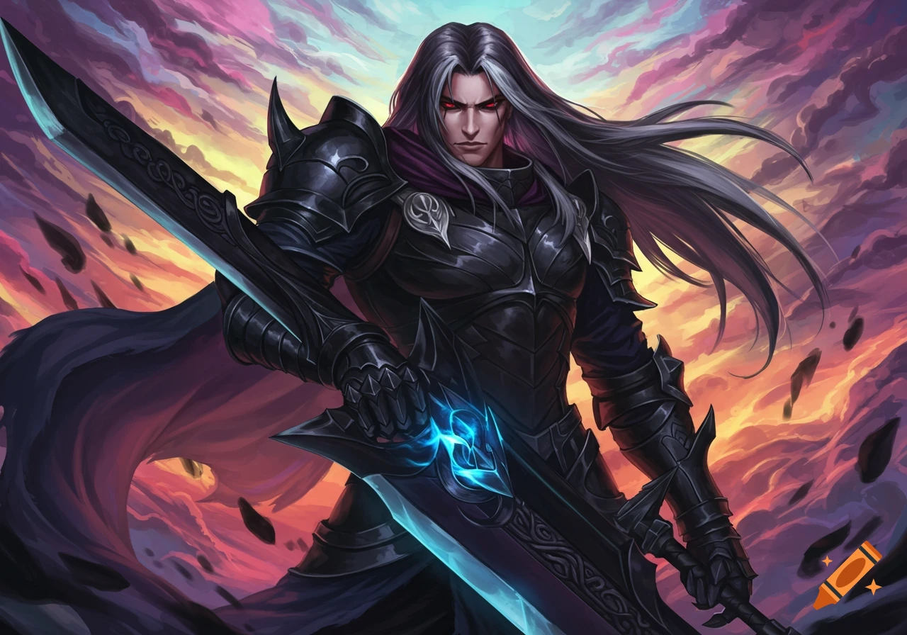 A dark fantasy warrior in black armor holds a large sword against a ...