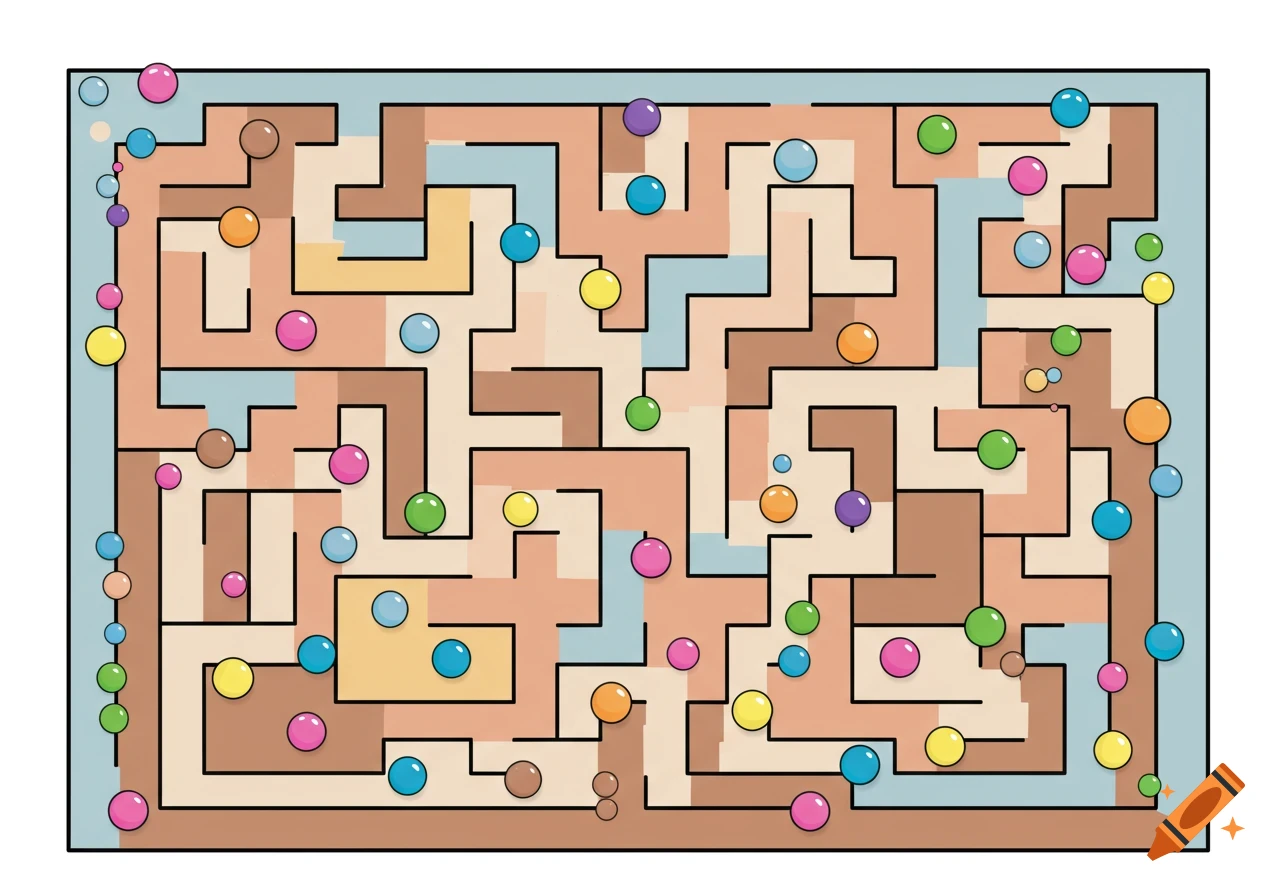 A colorful maze with scattered bubbles and spheres.