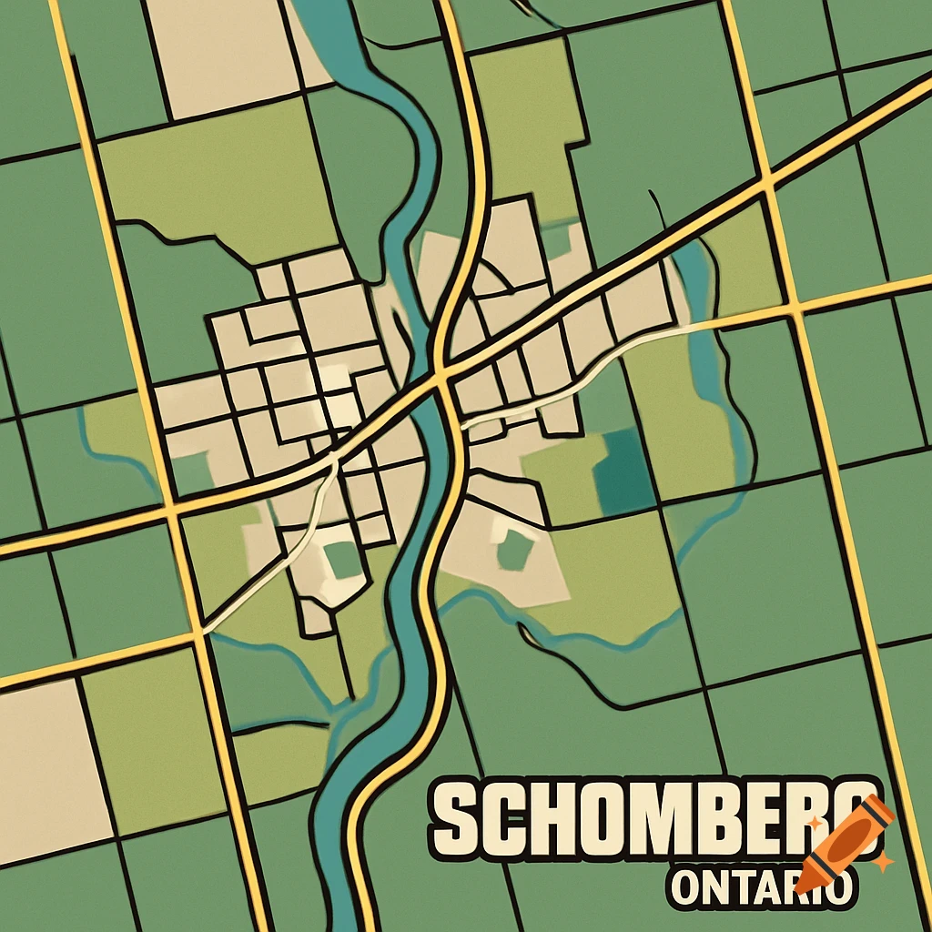 GTA style map of a town with river and grid layout, labeled SCHOMBERG ONTARIO.