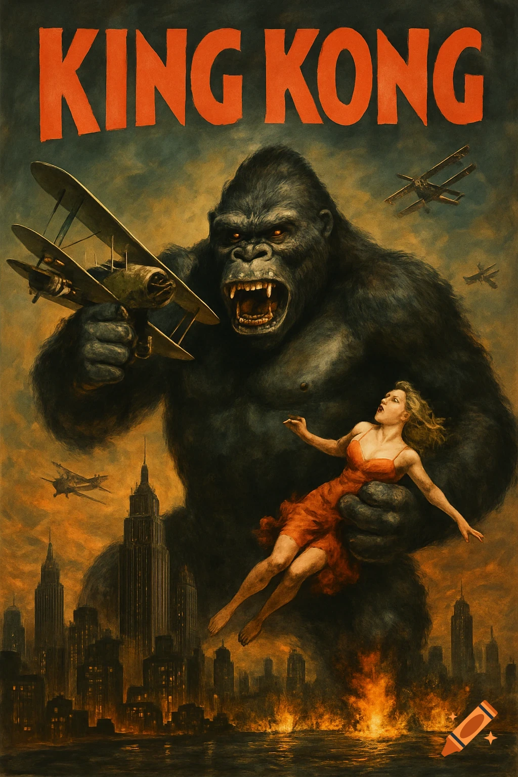 King Kong holds a woman as planes attack over a burning city, in the style of a vintage movie poster.
