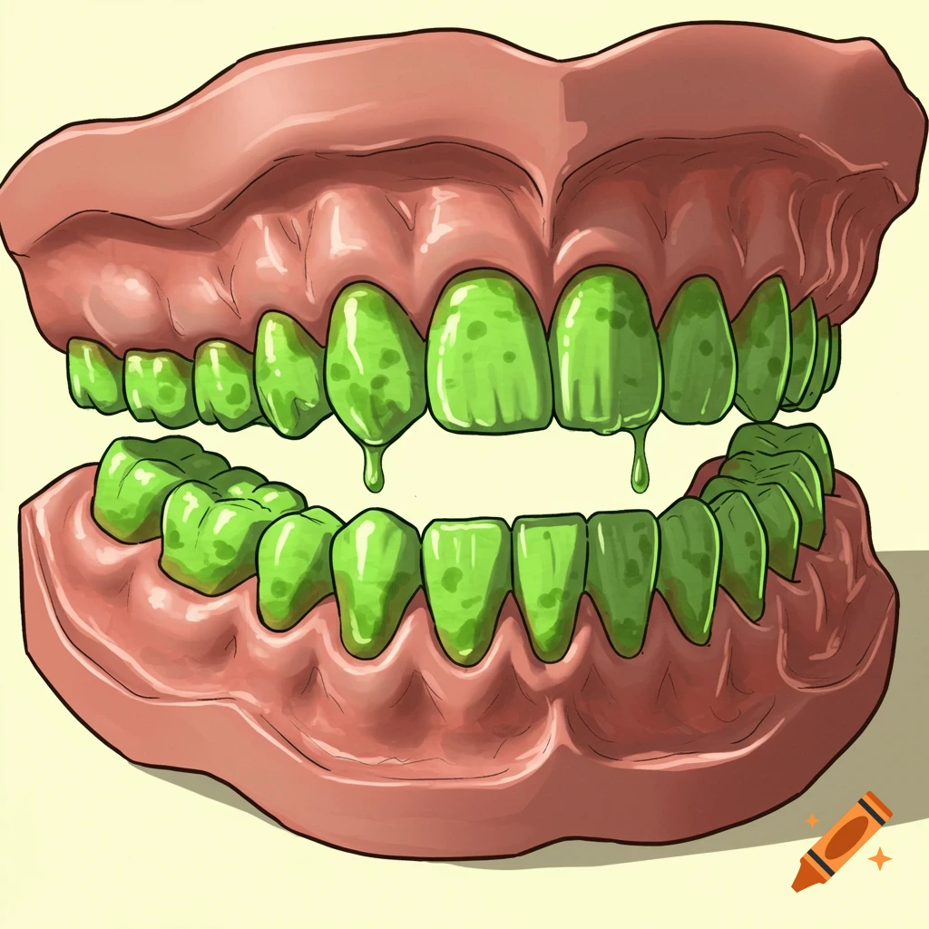 Illustration of false teeth stained green.