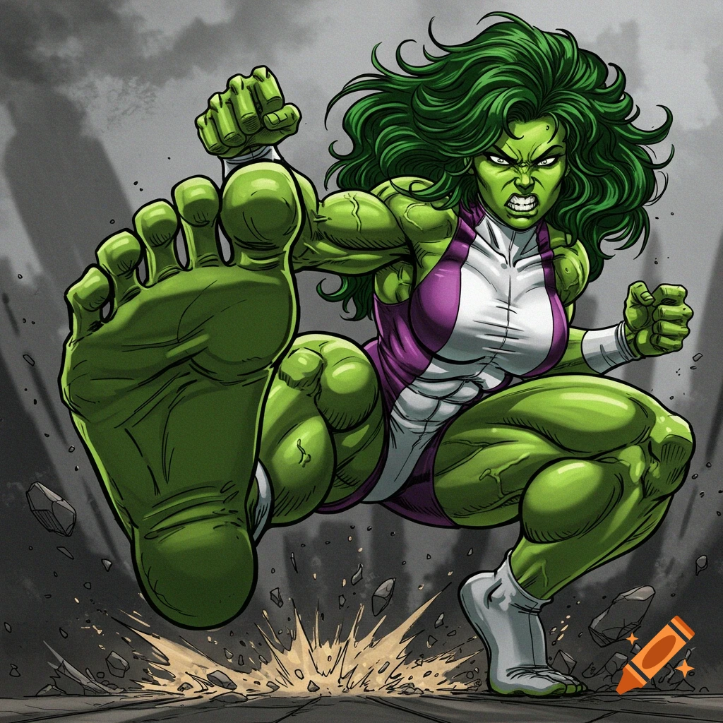 She-Hulk aggressively stomping in a comic book art style.