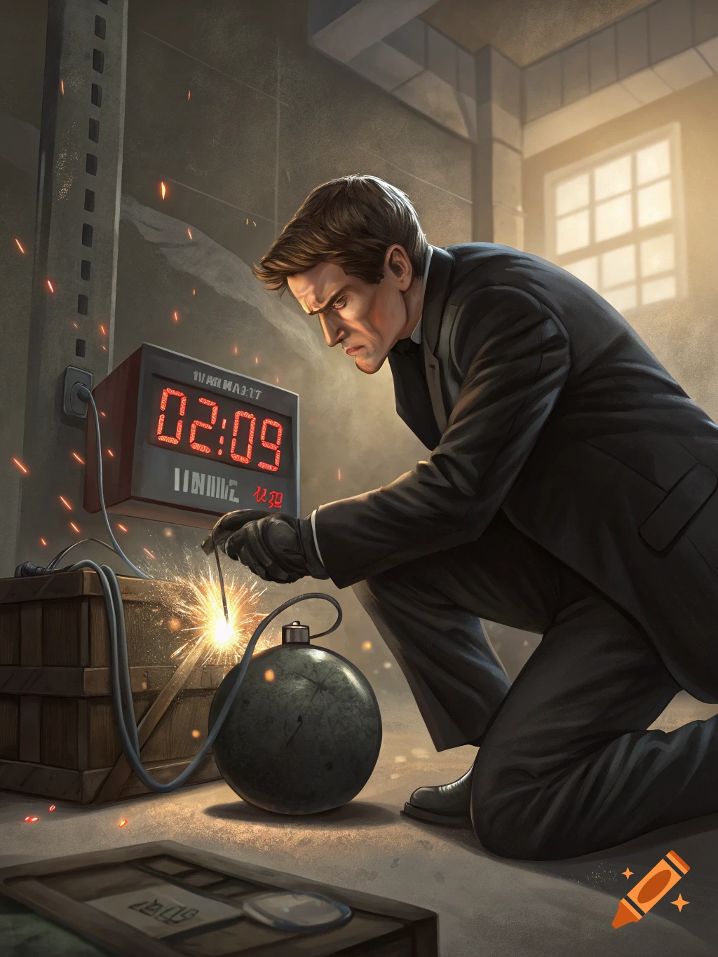 A man in a suit intently works to defuse a bomb with a digital timer counting down in a gritty room.