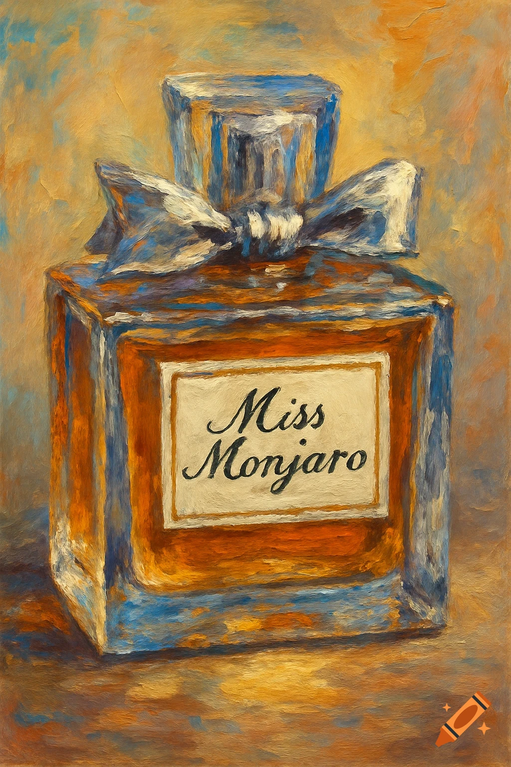 Painting of a perfume bottle labeled "Miss Monjaro" with a bow, in a textured painterly style.