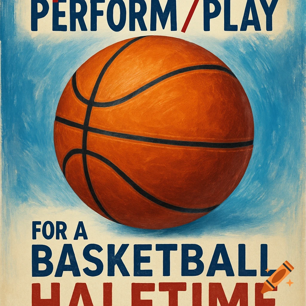 Poster with a basketball and text saying 'PERFORM/PLAY FOR A BASKETBALL HALF TIME'.