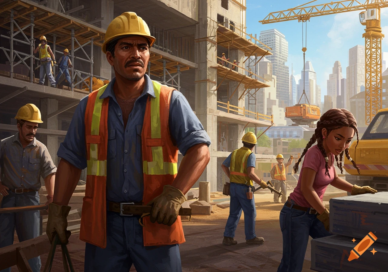 Construction workers on a site, with a large crane and city skyline behind them.