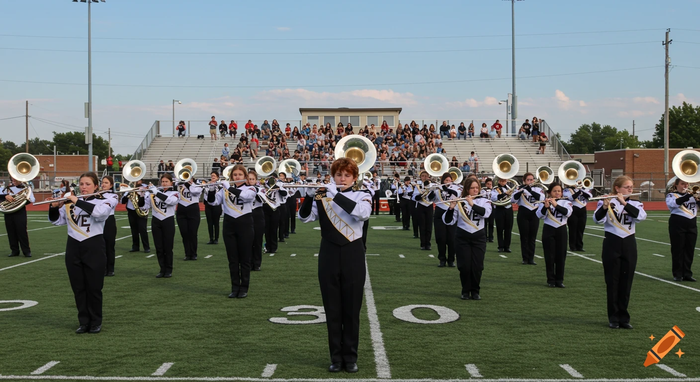 A marching band performs on a football field with spectators in the bleachers.