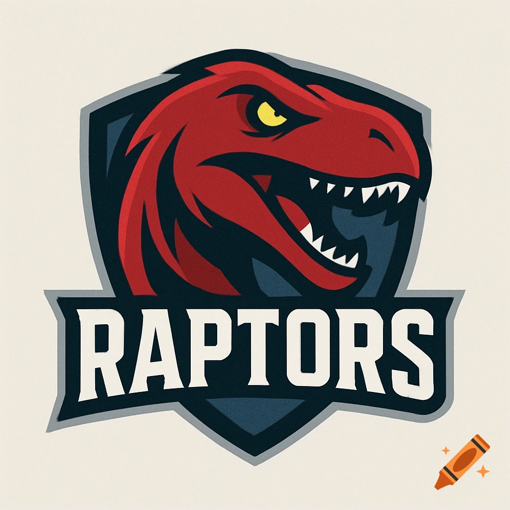 Logo for a sports team featuring a red raptor head above the word RAPTORS on a shield.