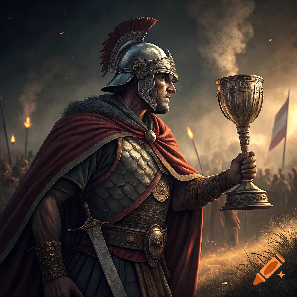 A Roman-like soldier in armor holds a golden cup aloft on a battlefield, with figures and torches in the background.