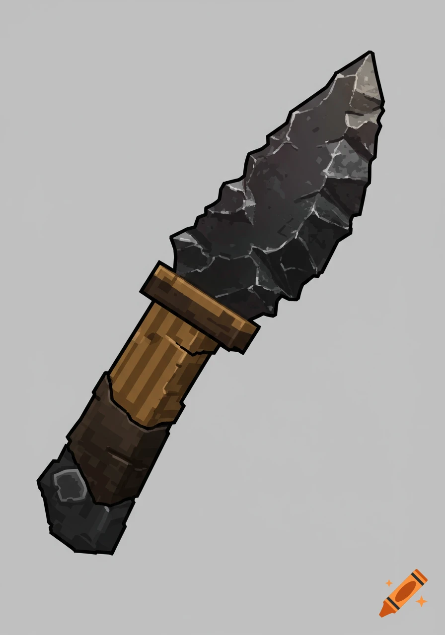 A stylized flint knife with a wooden handle on a grey background.