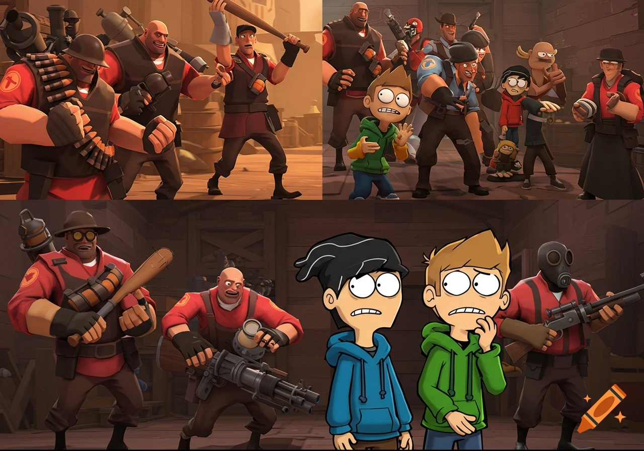 Characters from Team Fortress 2 and Eddsworld meet in a scene.