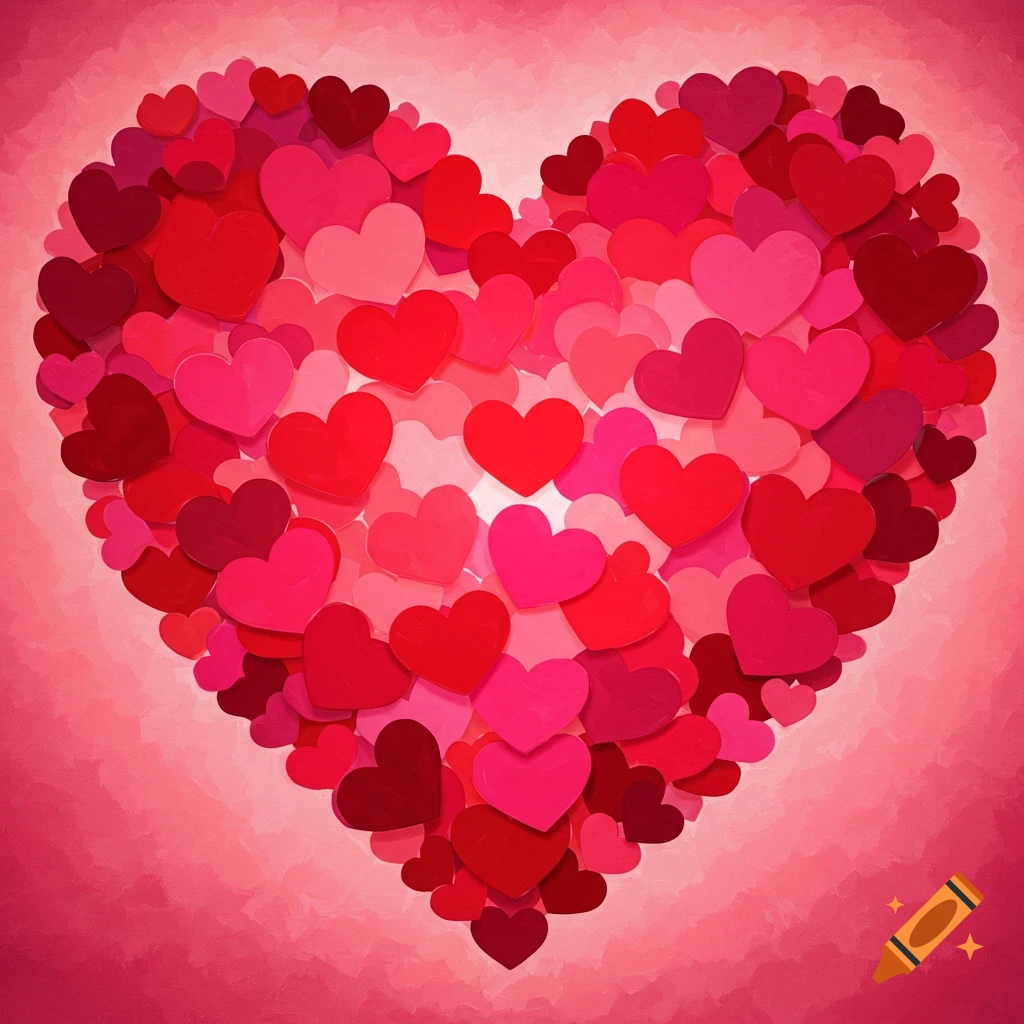 Large heart shape composed of many red and pink hearts.