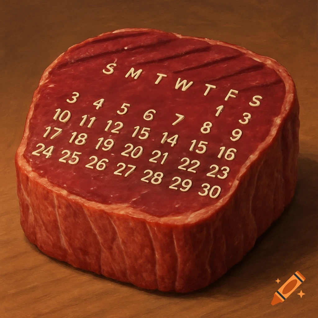 A slab of raw meat shaped like a calendar with days and dates