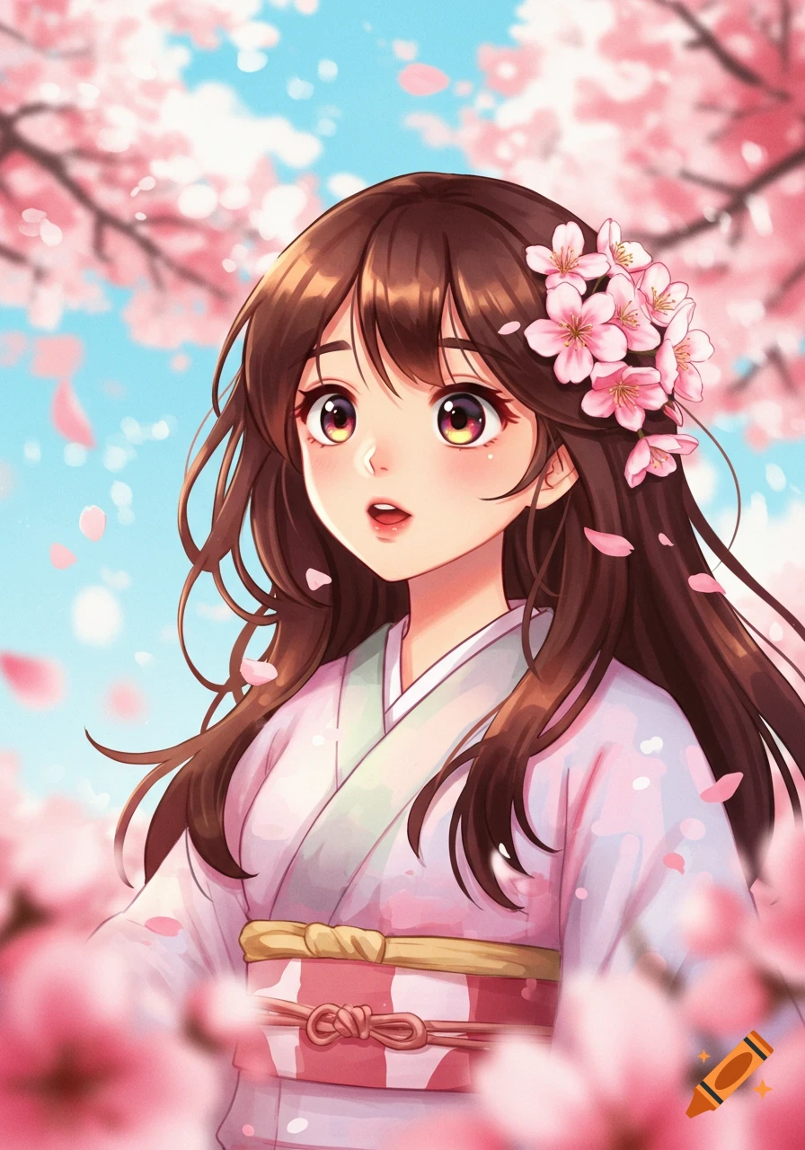 An anime girl with flowers in her hair, wearing a pink kimono, stands among cherry blossoms.
