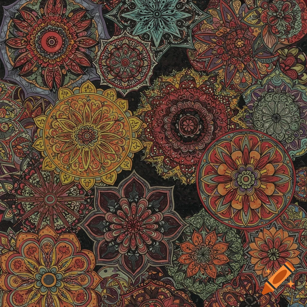 Colorful patterned mandalas on a dark background.