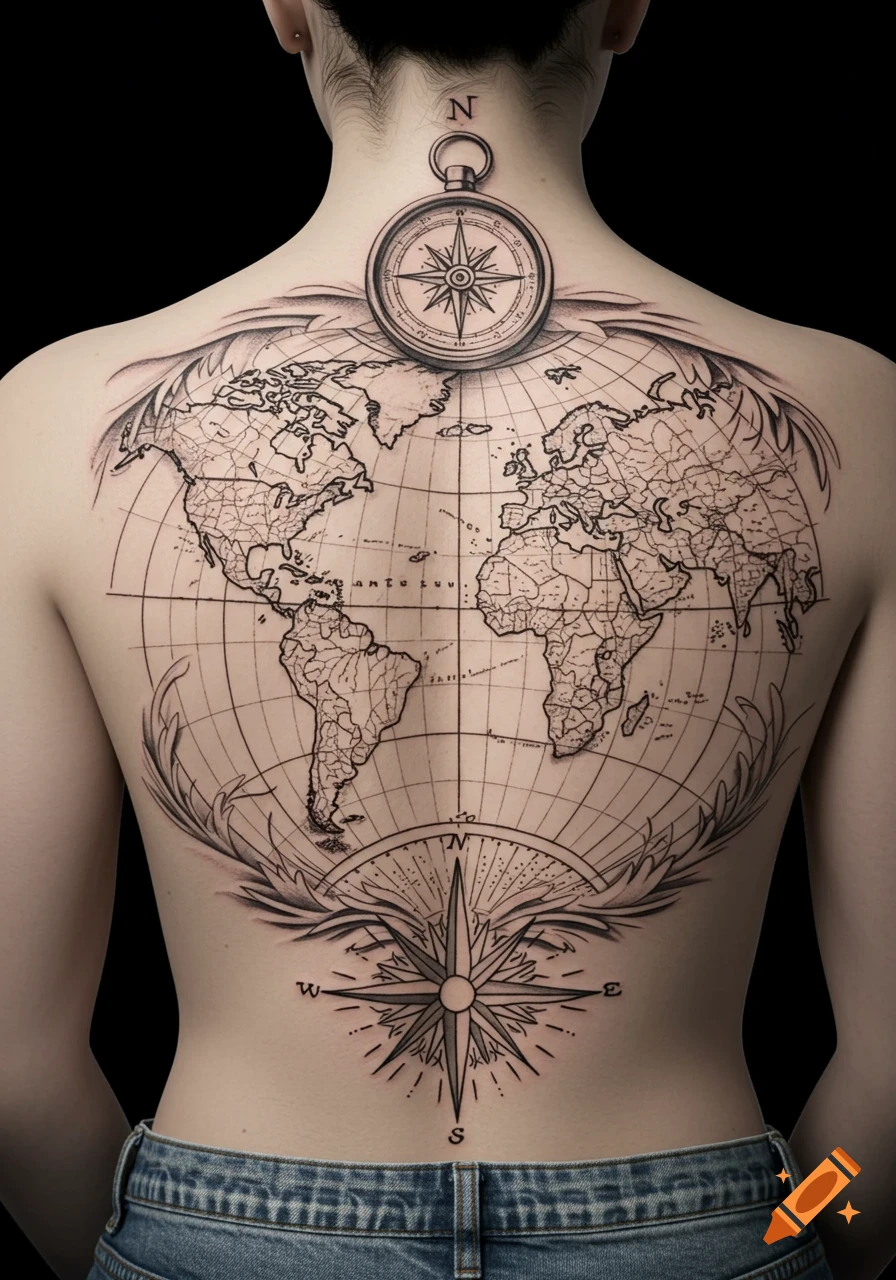 Black and white fine line tattoo of a vintage world map and compass on a person's upper back.