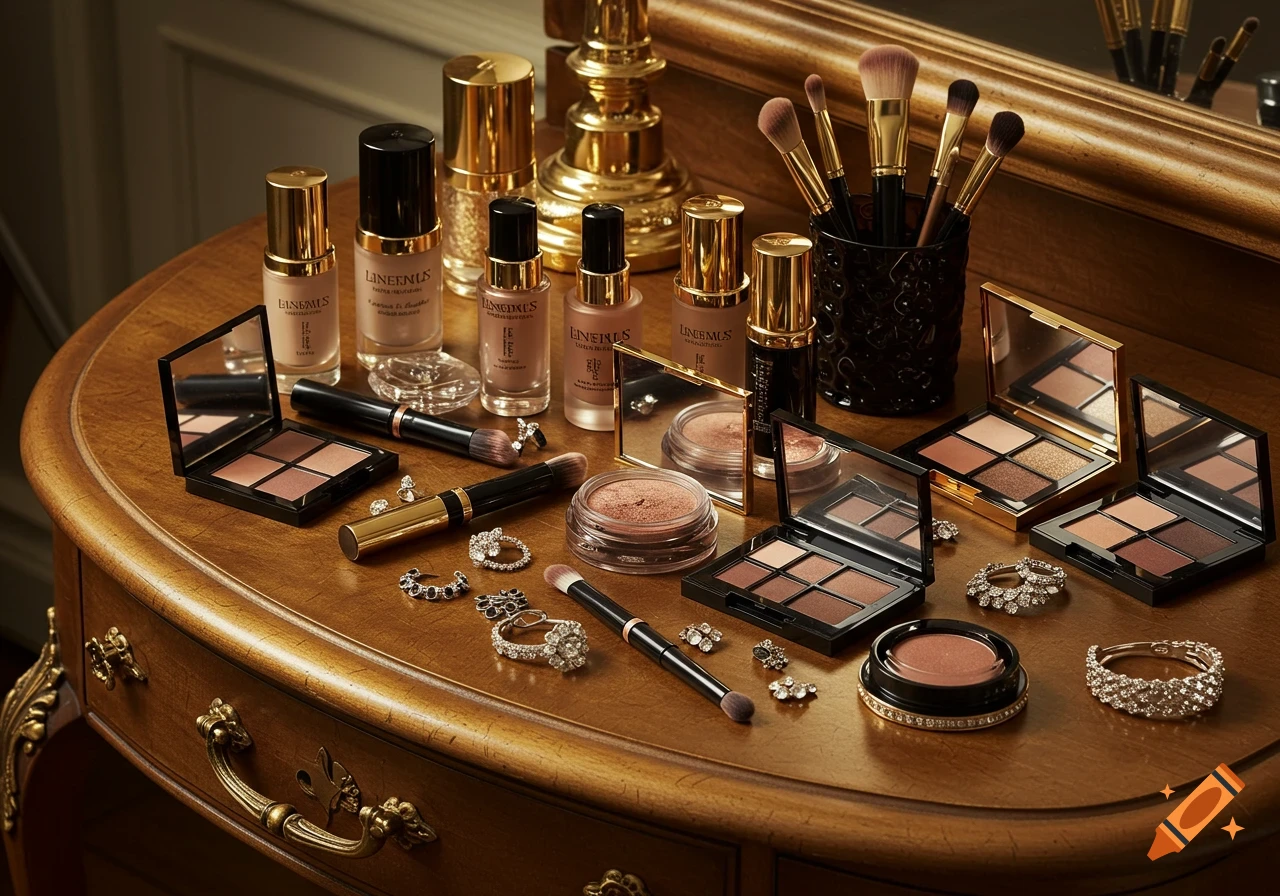 High-end makeup products, brushes, and jewelry on a luxurious wooden vanity table with golden fixtures.
