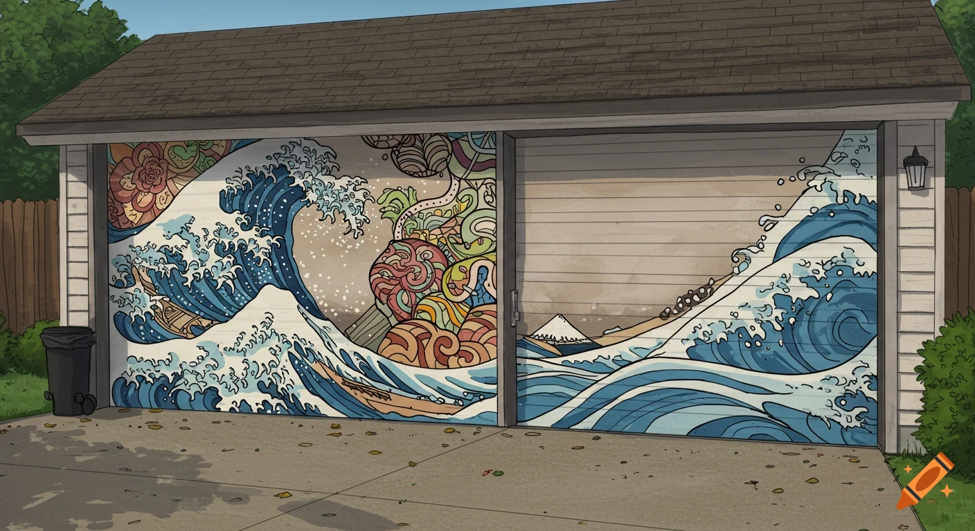 Mural on a garage featuring The Great Wave off Kanagawa style waves and abstract doodle patterns.