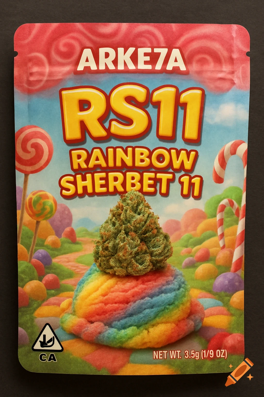 Product packaging for cannabis with candy land theme and text