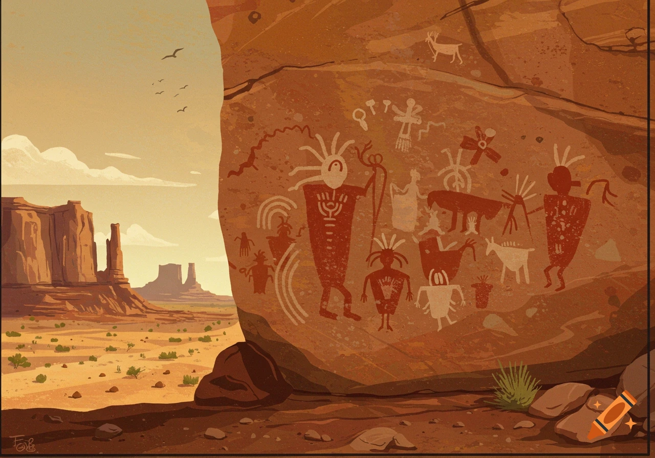 Stylized illustration of Native American rock art on a desert rock face with mesas in the background.