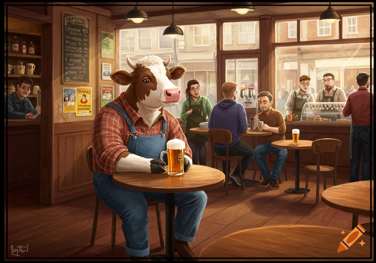 Illustration of a bipedal cow in overalls and plaid shirt sitting at a table in a coffee shop with a pint of beer.