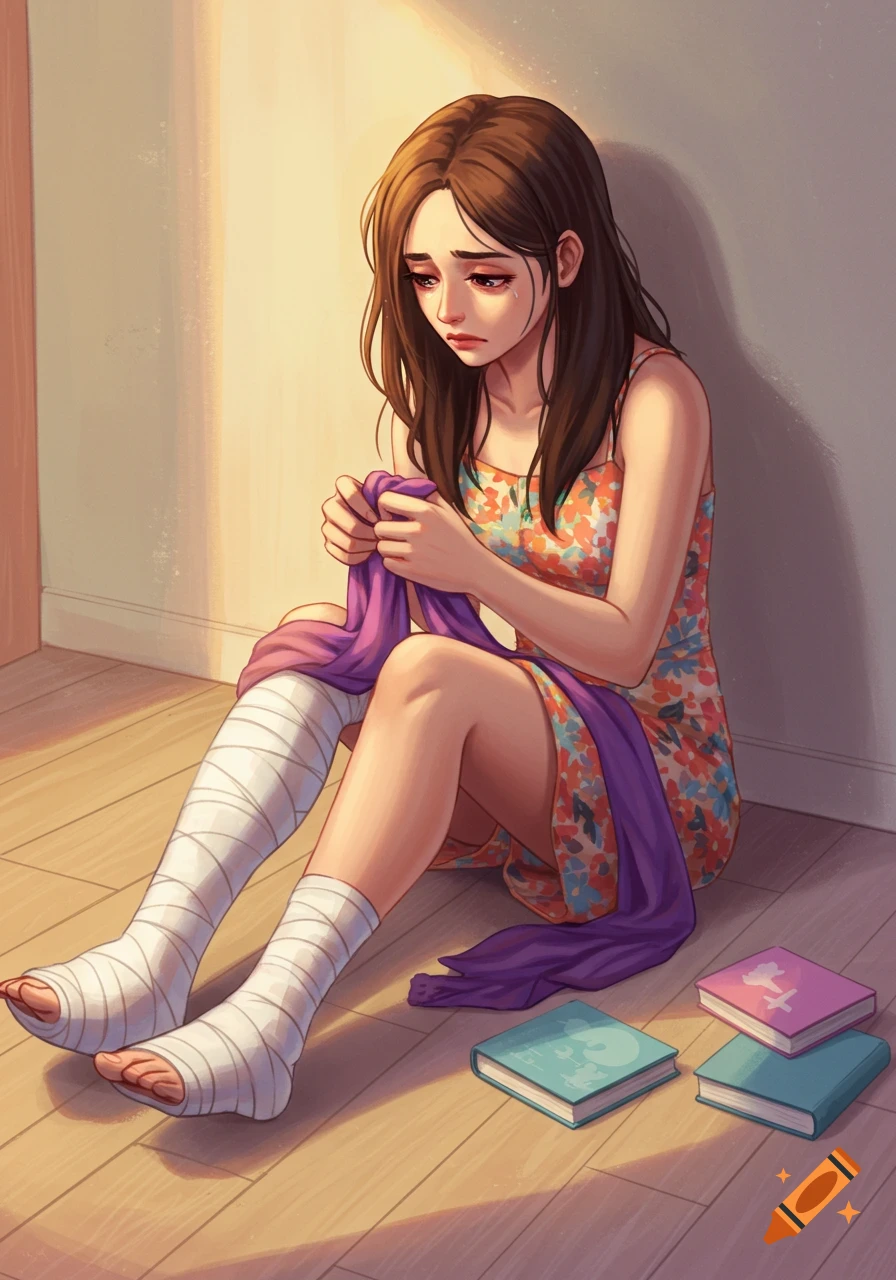 Anime-style digital painting of a sad young woman with bandaged legs, sitting on the floor holding purple fabric.