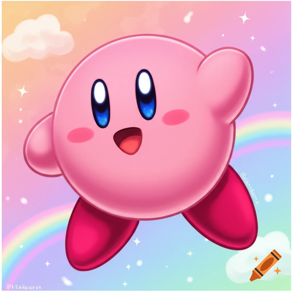 Kirby floats in a pastel sky with a rainbow.