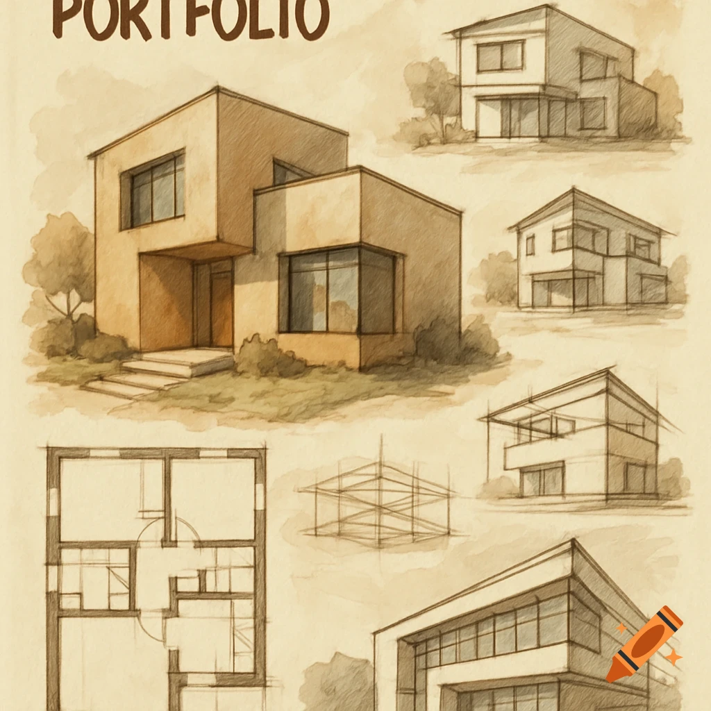 Architectural sketches and a floor plan in a pencil and watercolor style, titled "PORTFOLIO".